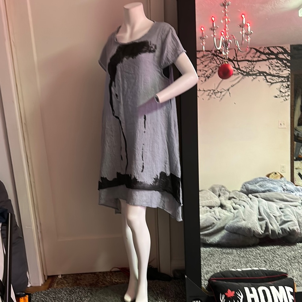 New boho Gray Black Women's Dress cotton linen crinkle crepe flowing soft beach